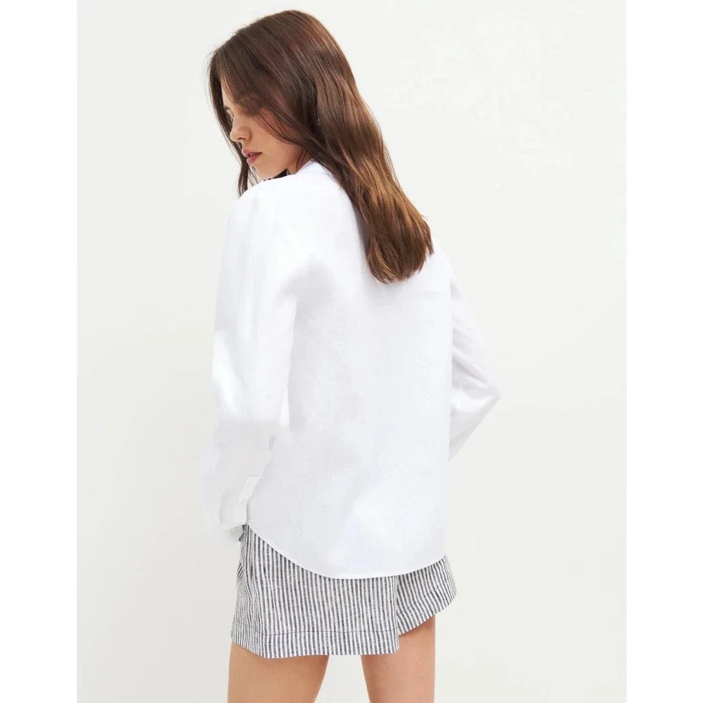 REFORMATION Sky Top Relaxed Linen Shirt Womens Large White Long Sleeve Button Up - Picture 2 of 14